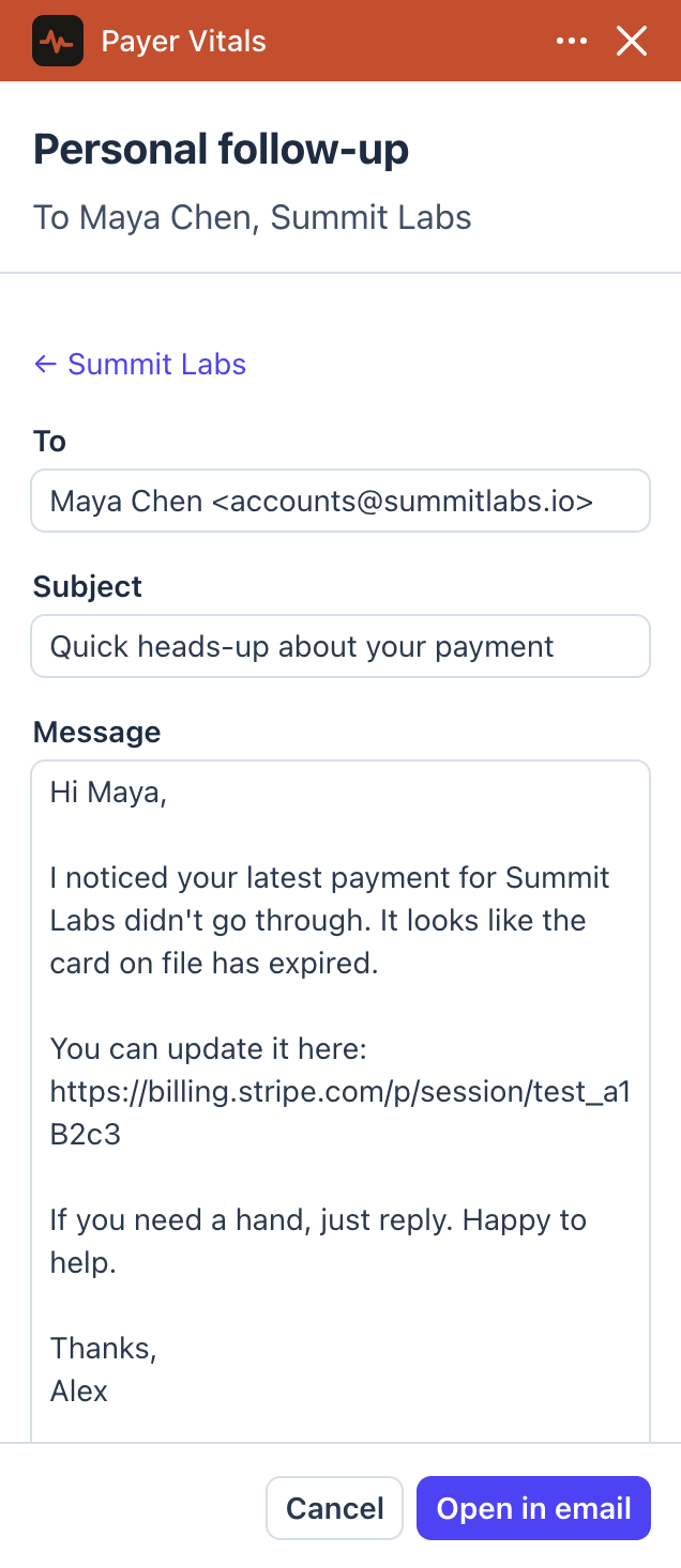 A personal follow-up drafted by Payer Vitals to Maya Chen at Summit Labs, with a short friendly message and a Stripe link to update the card, and a button that opens it in your own email app.